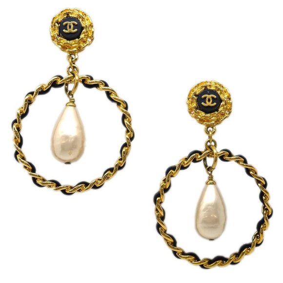 Chanel Hoop Earrings Gold Artificial Pearl Clip-On 95A - Picture 1 of 4